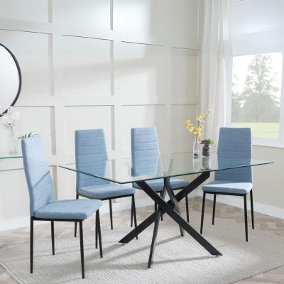 Chopstick Clear Glass And Black Metal Dining Set Lido Blue Fabric Chairs With Black Legs