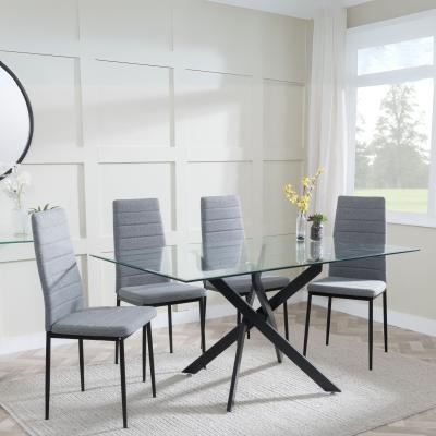 Product photograph of Chopstick Clear Glass And Black Metal Dining Set - Lido Dark Grey Fabric Chairs With Black Legs from Choice Furniture Superstore