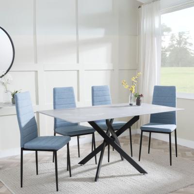 Chopstick Grey Glass And Black Metal Dining Set Lido Blue Fabric Chairs With Black Legs