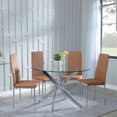 Product photograph of Chopstick Clear Glass And Chrome Metal 4 Seater Round Dining Set - 4 Metro Burnt Orange Leather Chairs With Chrome Legs from Choice Furniture Superstore