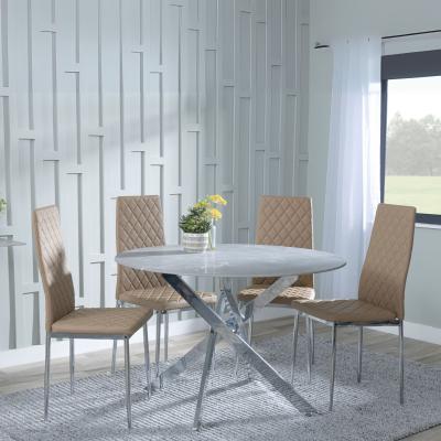 Product photograph of Chopstick Grey Glass And Chrome Metal 4 Seater Round Dining Set - 4 Metro Cappuccino Leather Chairs With Chrome Legs from Choice Furniture Superstore