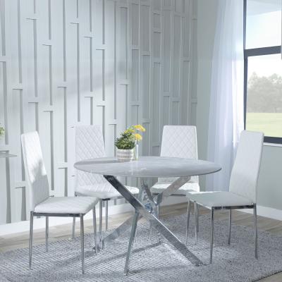 Chopstick Grey Glass And Chrome Metal 4 Seater Round Dining Set 4 Metro White Leather Chairs With Chrome Legs