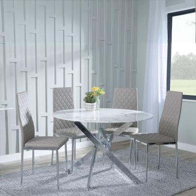 Chopstick White Glass And Chrome Metal 4 Seater Round Dining Set 4 Metro Beige Leather Chairs With Chrome Legs