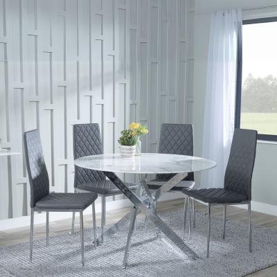 Product photograph of Chopstick White Glass And Chrome Metal 4 Seater Round Dining Set - 4 Metro Grey Leather Chairs With Chrome Legs from Choice Furniture Superstore