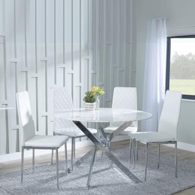 Chopstick White Glass And Chrome Metal 4 Seater Round Dining Set 4 Metro White Leather Chairs With Chrome Legs