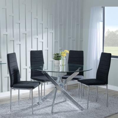 Chopstick Clear Glass And Chrome Metal 4 Seater Round Dining Set 4 Lido Black Fabric Chairs With Chrome Legs