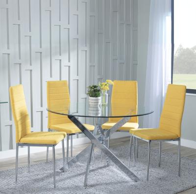 Chopstick Clear Glass And Chrome Metal 4 Seater Round Dining Set 4 Lido Yellow Fabric Chairs With Chrome Legs