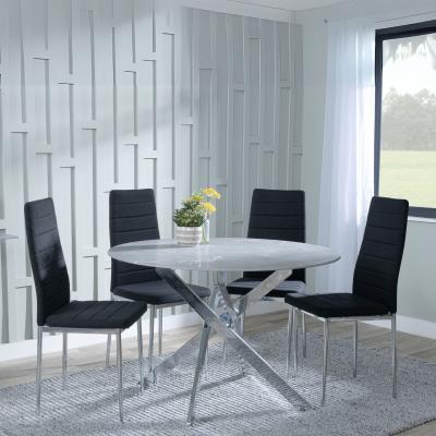 Chopstick Grey Glass And Chrome Metal 4 Seater Round Dining Set 4 Lido Black Fabric Chairs With Chrome Legs