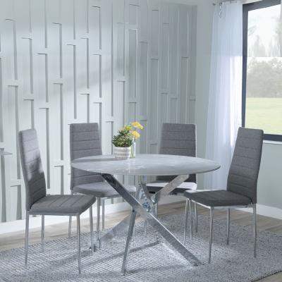 Chopstick Grey Glass And Chrome Metal 4 Seater Round Dining Set 4 Lido Dark Grey Fabric Chairs With Chrome Legs