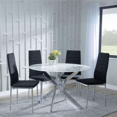 Chopstick White Glass And Chrome Metal 4 Seater Round Dining Set 4 Lido Black Fabric Chairs With Chrome Legs