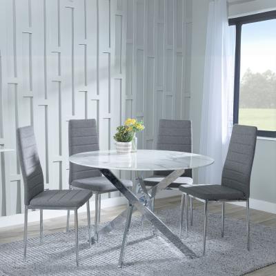 Chopstick White Glass And Chrome Metal 4 Seater Round Dining Set 4 Lido Dark Grey Fabric Chairs With Chrome Legs