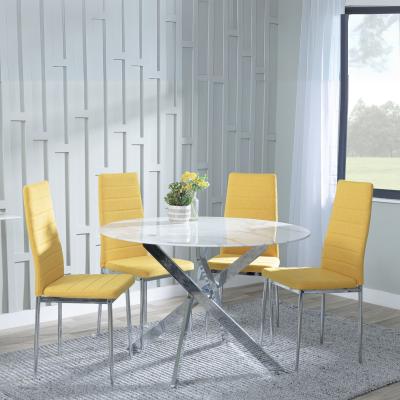 Chopstick White Glass And Chrome Metal 4 Seater Round Dining Set 4 Lido Yellow Fabric Chairs With Chrome Legs