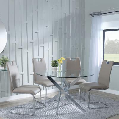 Product photograph of Chopstick Clear Glass And Chrome Metal 4 Seater Round Dining Set - 4 Bianco Beige Faux Leather Dining Chair from Choice Furniture Superstore