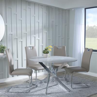 Chopstick Grey Glass And Chrome Metal 4 Seater Round Dining Set 4 Bianco Beige Faux Leather Dining Chair