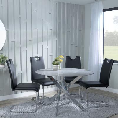 Chopstick Grey Glass And Chrome Metal 4 Seater Round Dining Set 4 Bianco Black Faux Leather Dining Chair