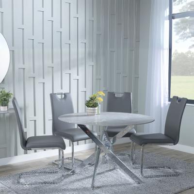 Chopstick Grey Glass And Chrome Metal 4 Seater Round Dining Set 4 Bianco Grey Faux Leather Dining Chair