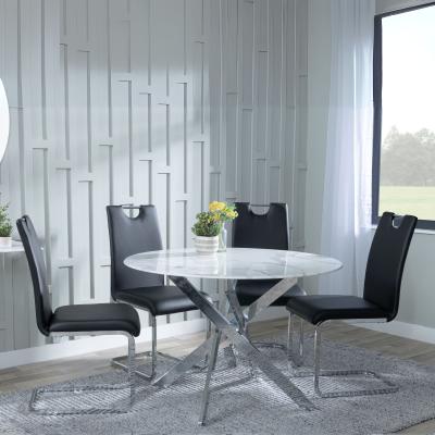 Chopstick White Glass And Chrome Metal 4 Seater Round Dining Set 4 Bianco Black Faux Leather Dining Chair