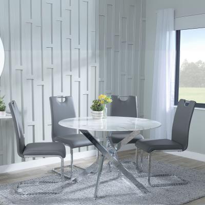 Chopstick White Glass And Chrome Metal 4 Seater Round Dining Set 4 Bianco Grey Faux Leather Dining Chair