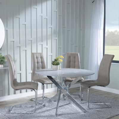 Chopstick Grey Glass And Chrome Metal 4 Seater Round Dining Set 4 Jamison Beige Faux Leather Dining Chair