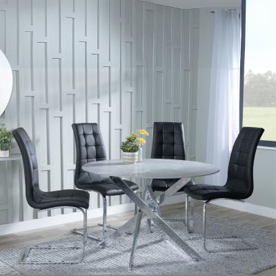 Chopstick Grey Glass And Chrome Metal 4 Seater Round Dining Set 4 Jamison Black Faux Leather Dining Chair