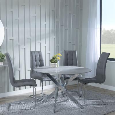 Product photograph of Chopstick Grey Glass And Chrome Metal 4 Seater Round Dining Set - 4 Jamison Grey Faux Leather Dining Chair from Choice Furniture Superstore