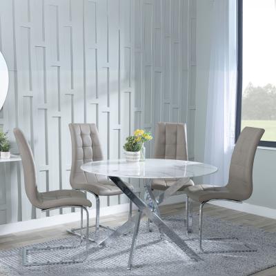 Chopstick White Glass And Chrome Metal 4 Seater Round Dining Set 4 Jamison Beige Faux Leather Dining Chair