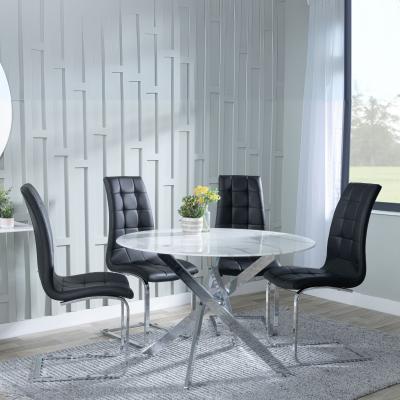 Chopstick White Glass And Chrome Metal 4 Seater Round Dining Set 4 Jamison Black Faux Leather Dining Chair