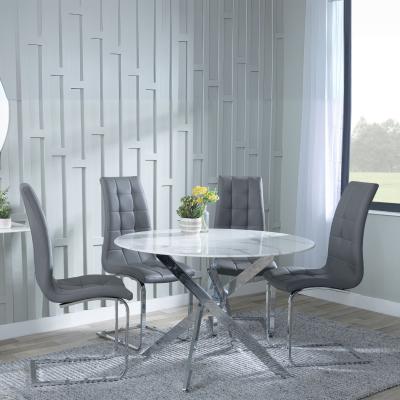 Chopstick White Glass And Chrome Metal 4 Seater Round Dining Set 4 Jamison Grey Faux Leather Dining Chair