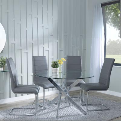 Chopstick Clear Glass And Chrome Metal 4 Seater Round Dining Set 4 Roma Grey Faux Leather Dining Chair