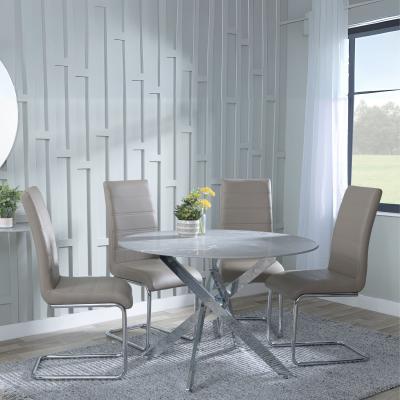 Chopstick Grey Glass And Chrome Metal 4 Seater Round Dining Set 4 Roma Beige Faux Leather Dining Chair