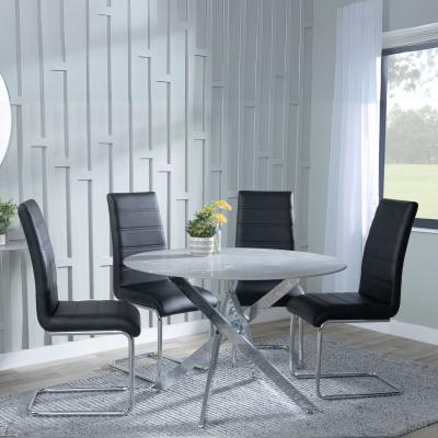 Chopstick Grey Glass And Chrome Metal 4 Seater Round Dining Set 4 Roma Black Faux Leather Dining Chair