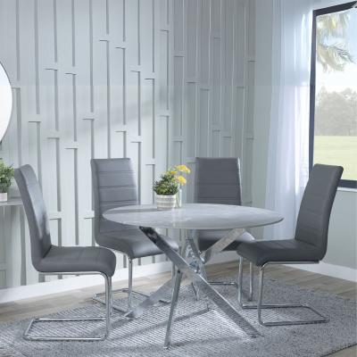 Product photograph of Chopstick Grey Glass And Chrome Metal 4 Seater Round Dining Set - 4 Roma Grey Faux Leather Dining Chair from Choice Furniture Superstore