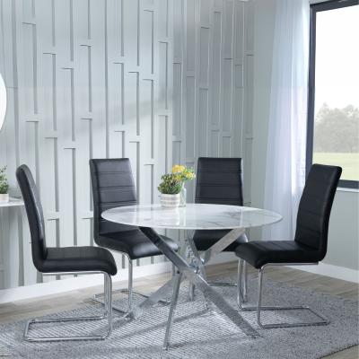 Product photograph of Chopstick White Glass And Chrome Metal 4 Seater Round Dining Set - 4 Roma Black Faux Leather Dining Chair from Choice Furniture Superstore