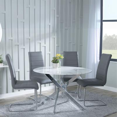 Chopstick White Glass And Chrome Metal 4 Seater Round Dining Set 4 Roma Grey Faux Leather Dining Chair