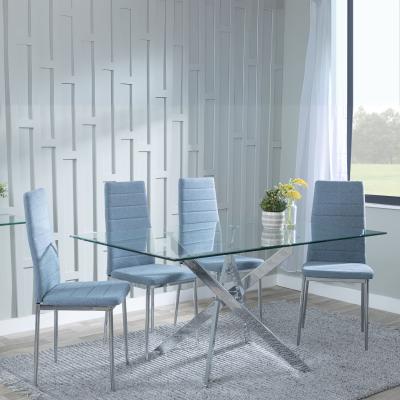 Chopstick Clear Glass And Chrome Metal Dining Set Lido Blue Fabric Chairs With Chrome Legs