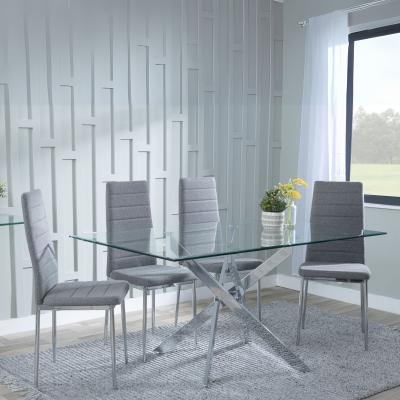 Chopstick Clear Glass And Chrome Metal Dining Set Lido Dark Grey Fabric Chairs With Chrome Legs