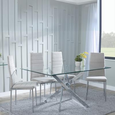 Chopstick Clear Glass And Chrome Metal Dining Set Lido Sand Fabric Chairs With Chrome Legs