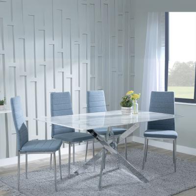 Chopstick White Glass And Chrome Metal Dining Set Lido Blue Fabric Chairs With Chrome Legs