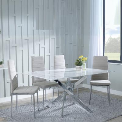 Chopstick White Glass And Chrome Metal Dining Set Lido Sand Fabric Chairs With Chrome Legs