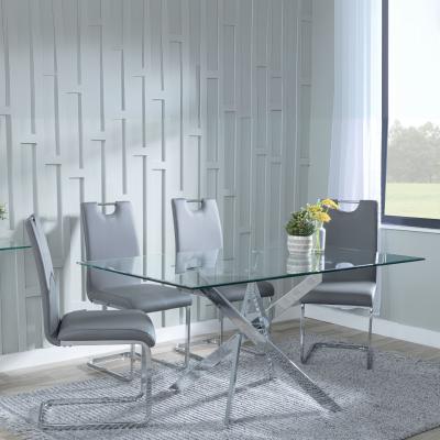 Chopstick Clear Glass And Chrome Metal Dining Set Bianco Grey Faux Leather Dining Chair