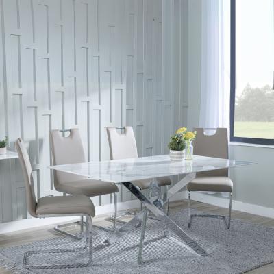 Chopstick White Glass And Chrome Metal Dining Set Bianco Beige Faux Leather Dining Chair