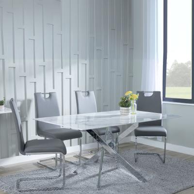 Chopstick White Glass And Chrome Metal Dining Set Bianco Grey Faux Leather Dining Chair