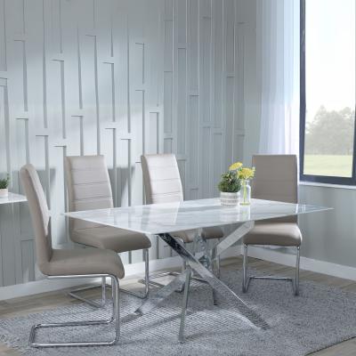 Chopstick White Glass And Chrome Metal Dining Set Roma Beige Faux Leather Dining Chair