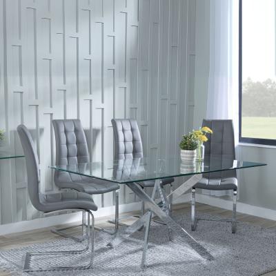 Chopstick Clear Glass And Chrome Metal Dining Set Jamison Grey Faux Leather Dining Chair