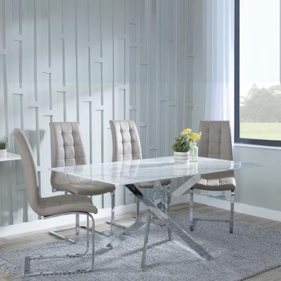 Chopstick White Glass And Chrome Metal Dining Set Jamison Beige Faux Leather Dining Chair