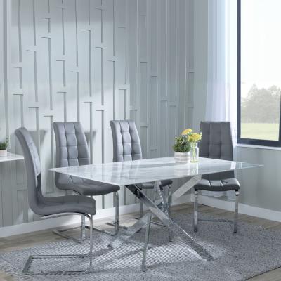 Chopstick White Glass And Chrome Metal Dining Set Jamison Grey Faux Leather Dining Chair