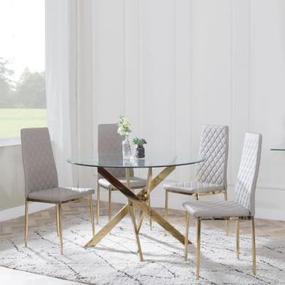 Chopstick Clear Glass And Gold Metal 4 Seater Round Dining Set 4 Metro Beige Leather Chairs With Gold Legs