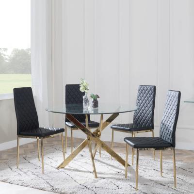 Chopstick Clear Glass And Gold Metal 4 Seater Round Dining Set 4 Metro Black Leather Chairs With Gold Legs