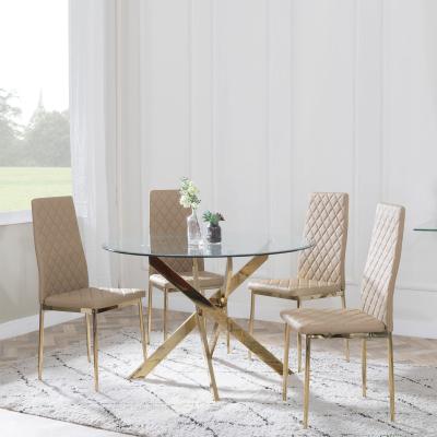 Chopstick Clear Glass And Gold Metal 4 Seater Round Dining Set 4 Metro Cappuccino Leather Chairs With Gold Legs