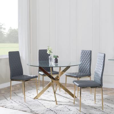 Chopstick Clear Glass And Gold Metal 4 Seater Round Dining Set 4 Metro Grey Leather Chairs With Gold Legs